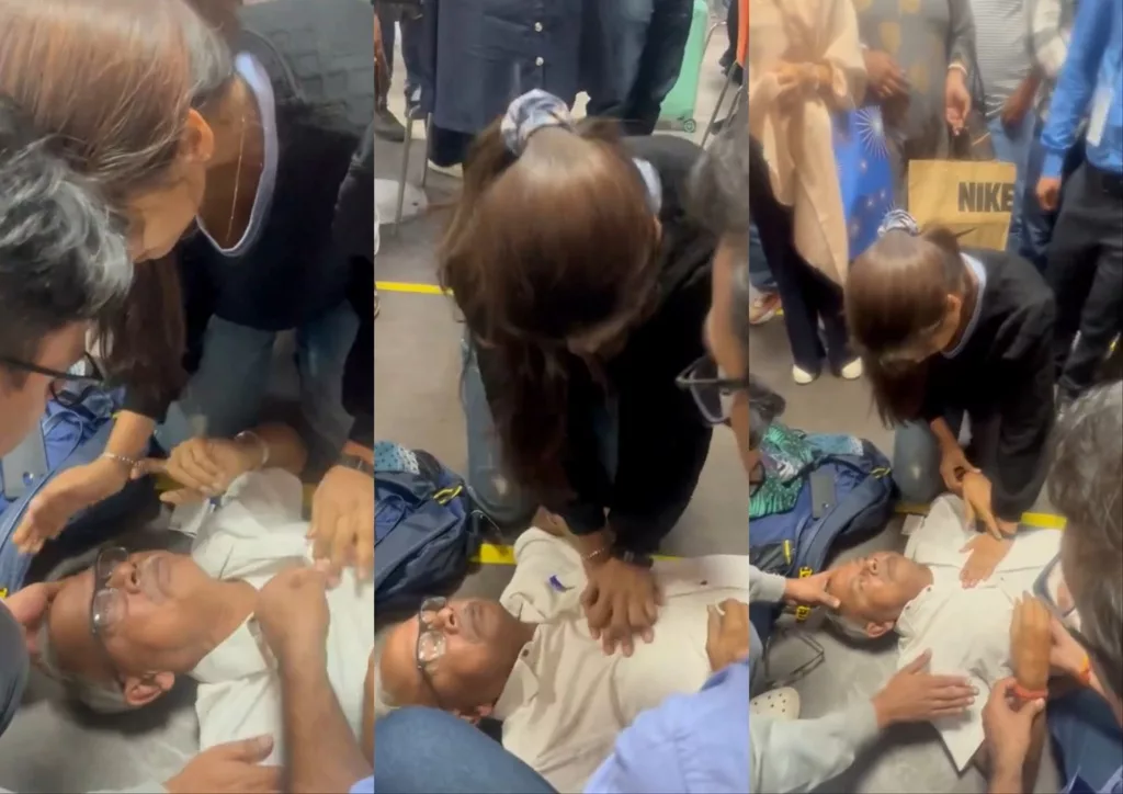 In Delhi airport, a woman performs CPR on a 60-year-old man who suffered a heart attack, saving his life-thumnail